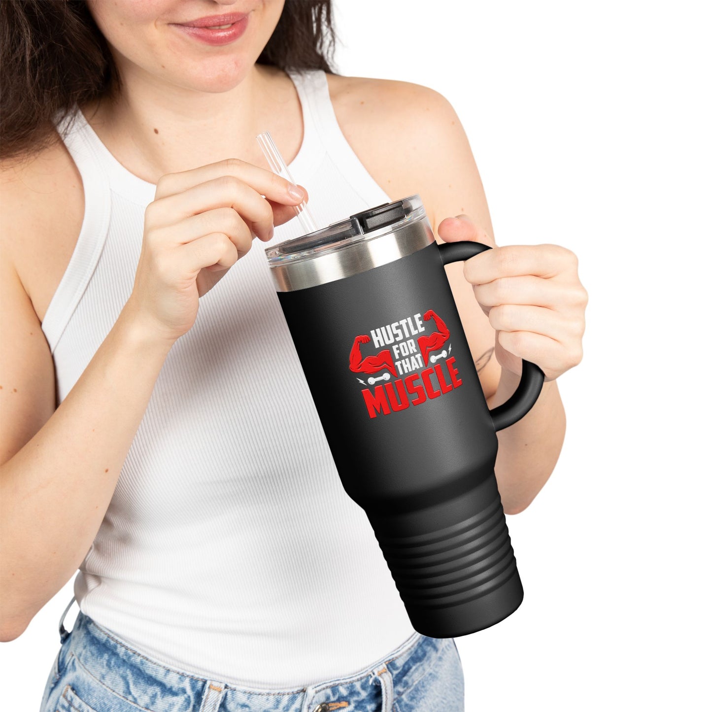 Hustle for That Muscle Insulated Travel Mug - 40oz Fitness Motive