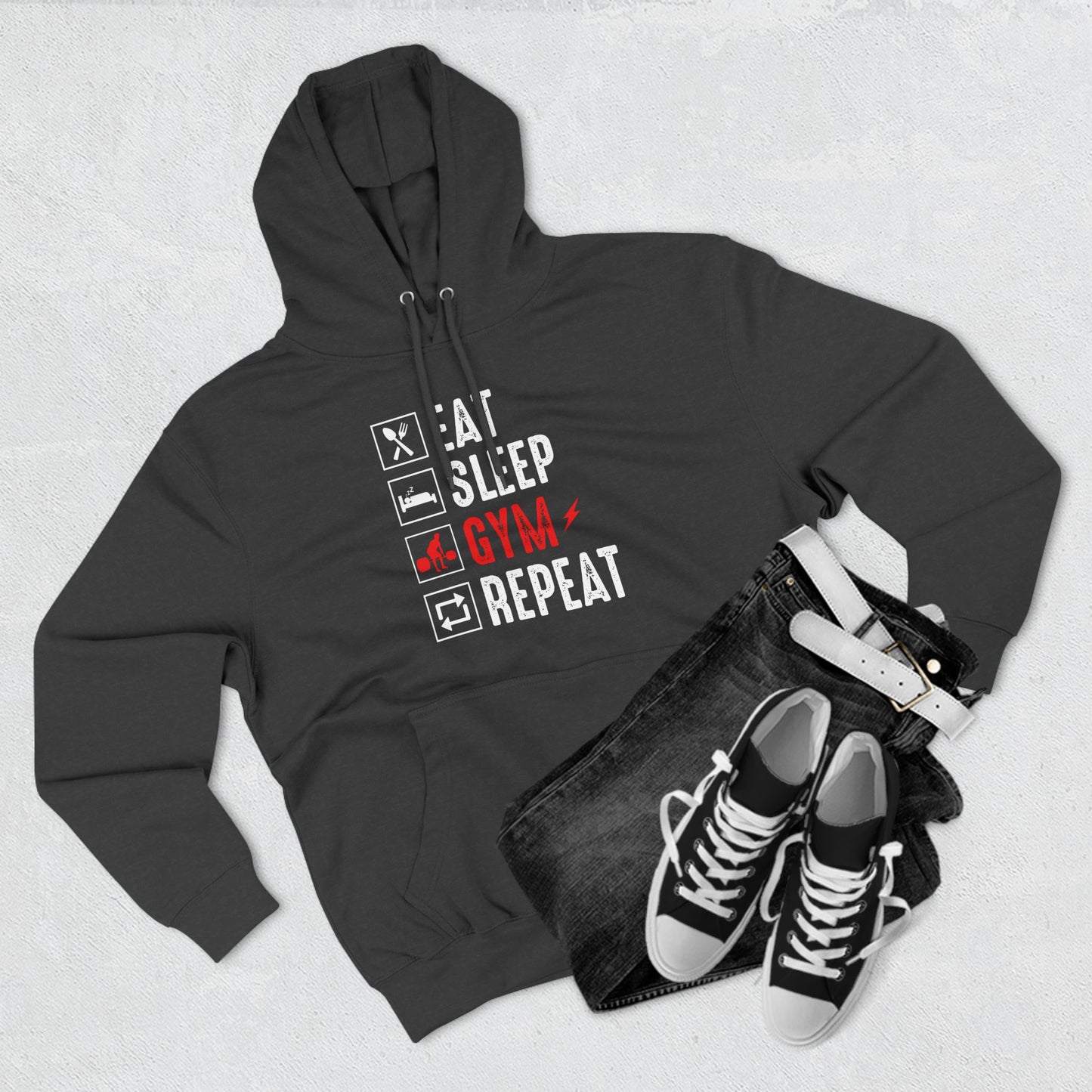 Eat , Sleep , Gym Hoodie - Three-Panel Fleece